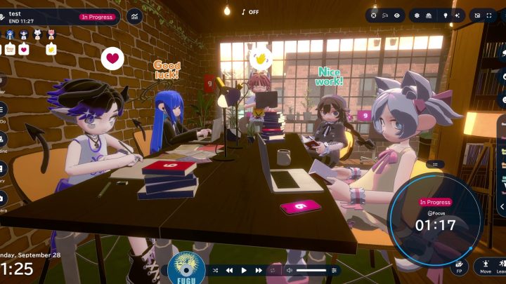 goghのFocus Partyで机を囲むアバターと共有タイマー