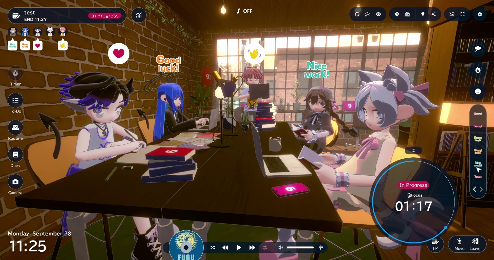 goghのFocus Partyで机を囲むアバターと共有タイマー