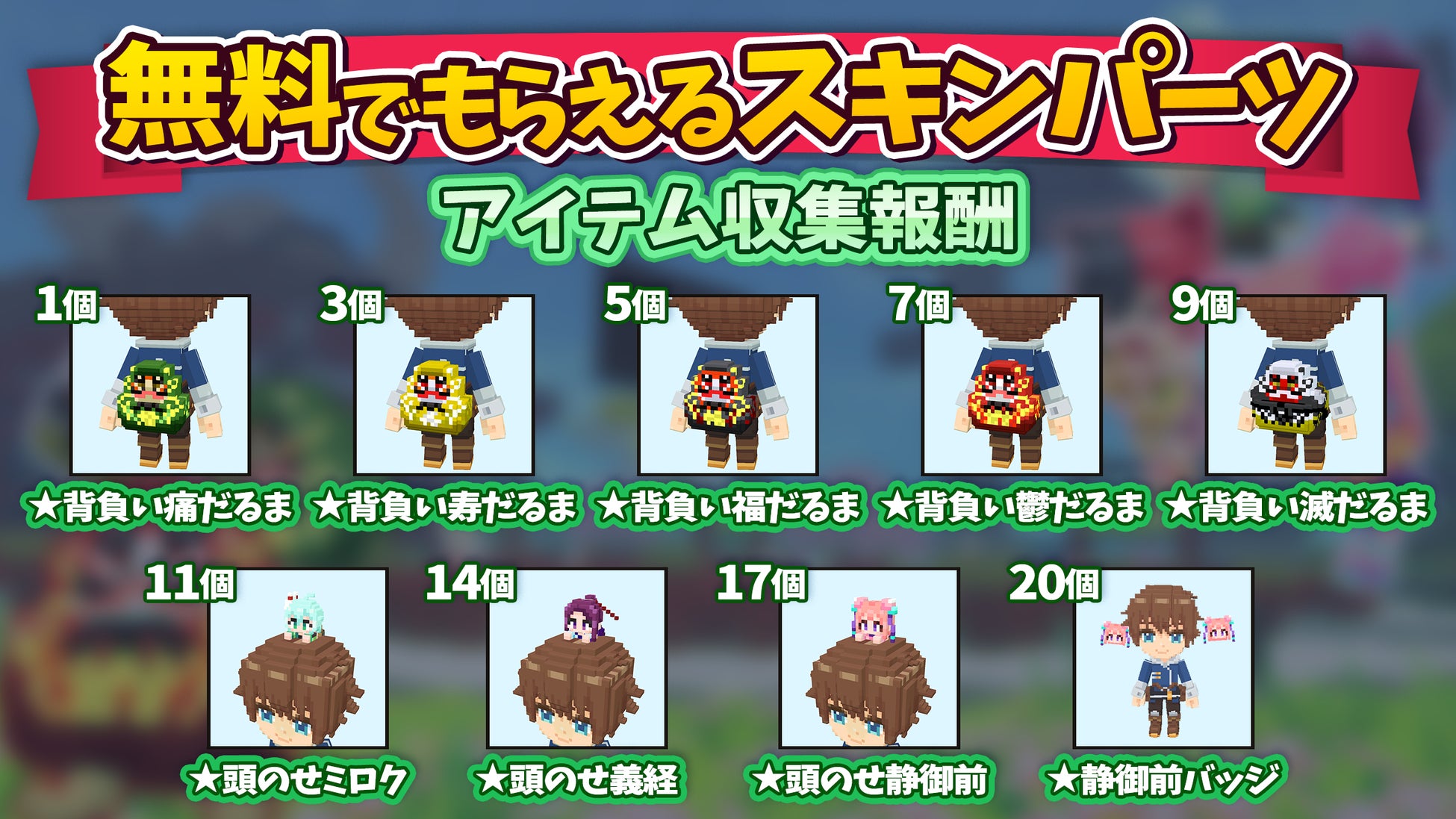 アイテム発見数に応じた背負いだるまや頭のせキャラクターの報酬一覧