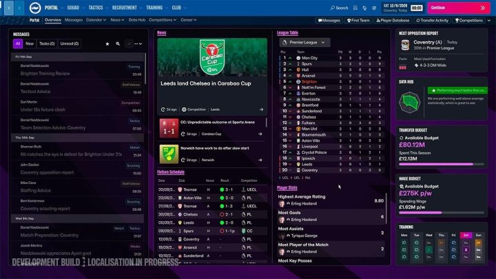 Football Manager 27の開発中ポータル画面。メッセージ、リーグ順位、クラブ予算などが並ぶ