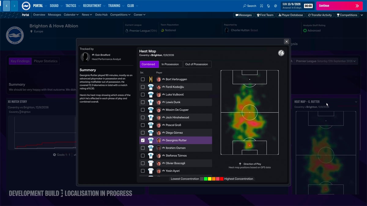 Football Manager 27の開発中画面。ピッチ上の活動をヒートマップで表示し、選手やボール保持時・非保持時を選べる