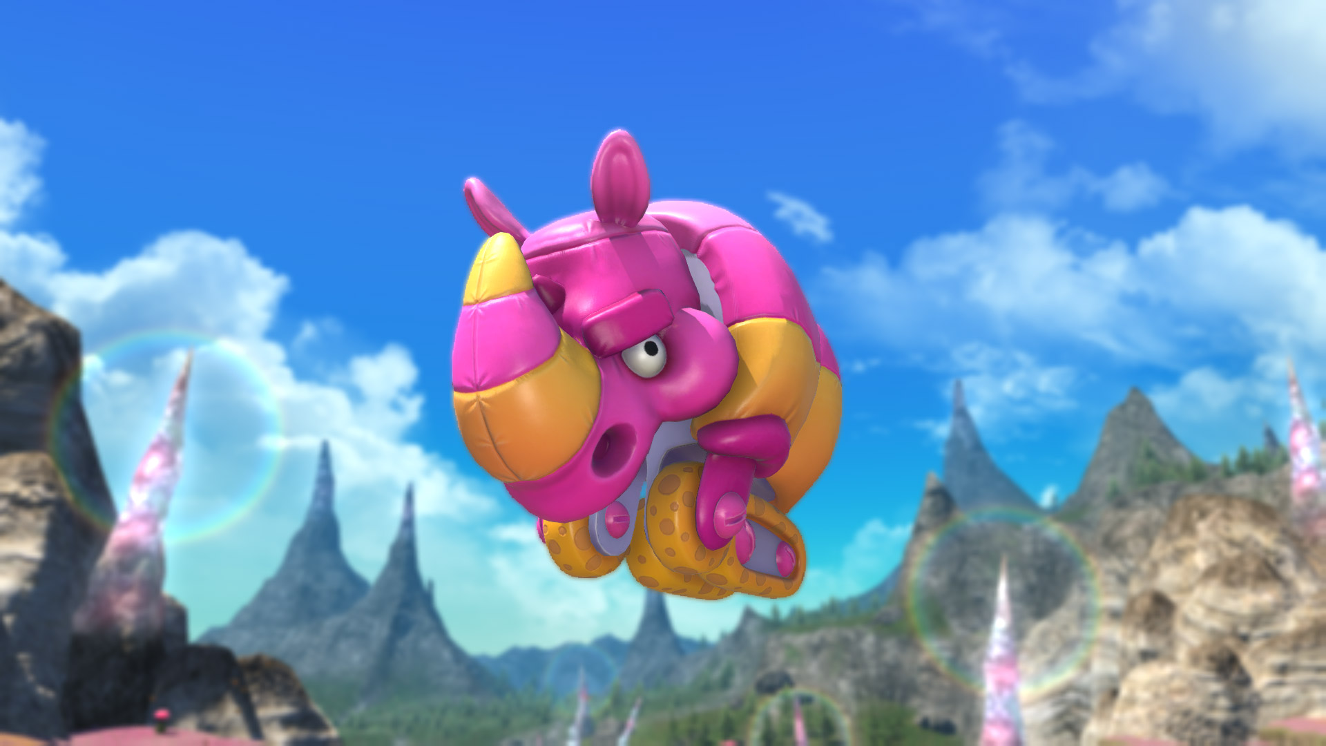 ピンクと黄色のマウント「ライエス」が空を飛ぶ公式紹介画像