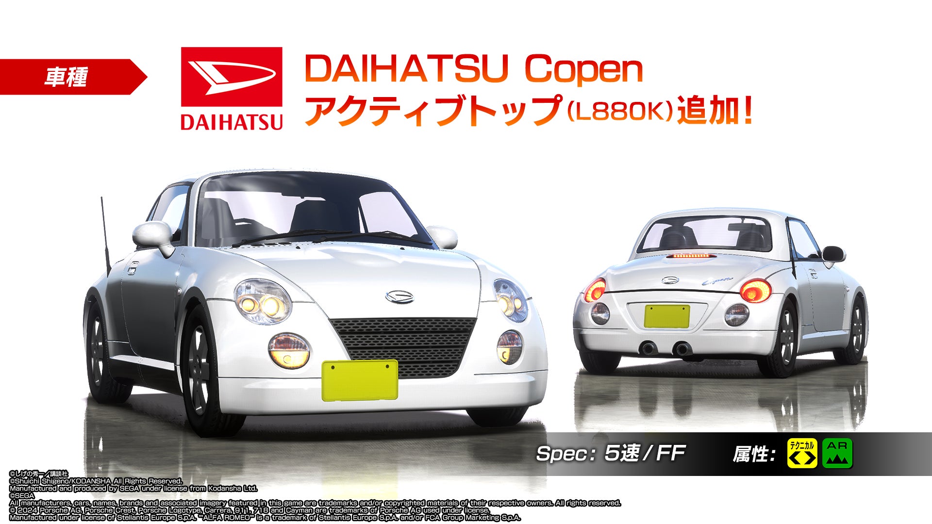コペンの前方と後方の外観、5速FFとテクニカルARの表記を並べた車種紹介画像