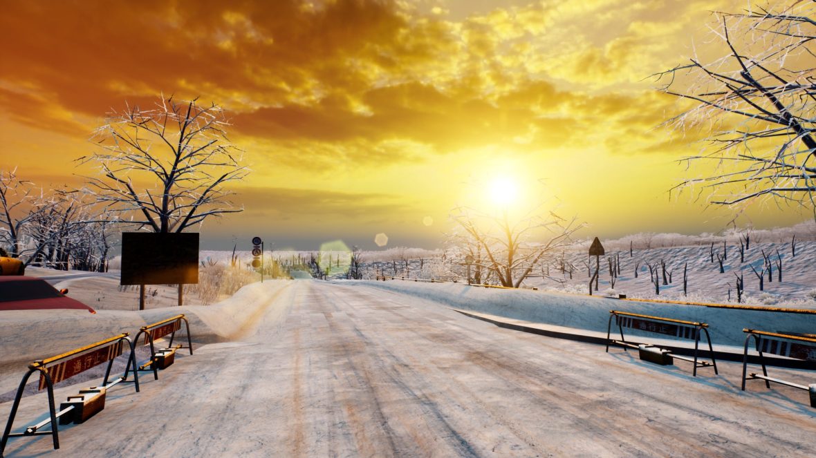 朝焼けの空の下、雪に覆われた赤城の道路とガードレールが並ぶ公式ゲーム画面