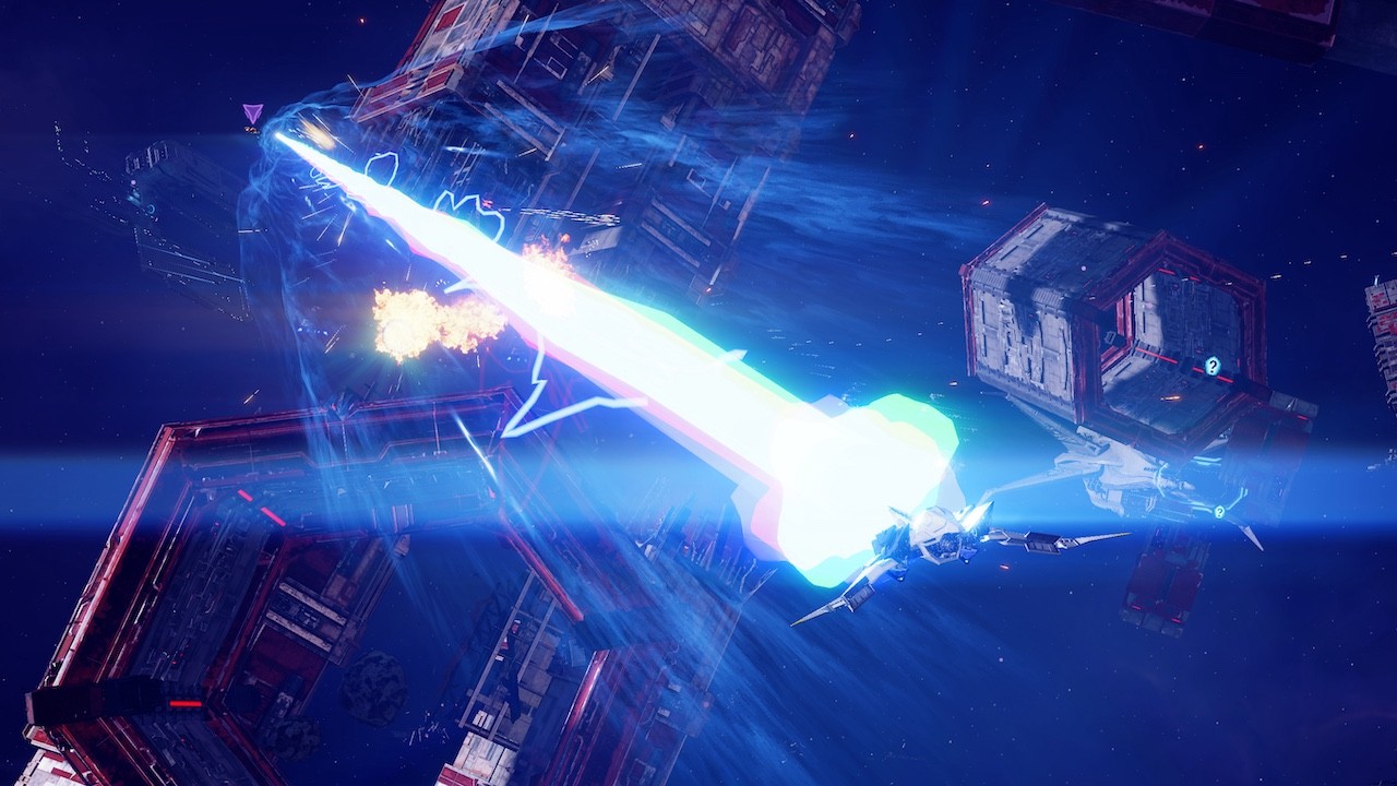 宇宙空間で大きなレーザーを撃つ機体の画面