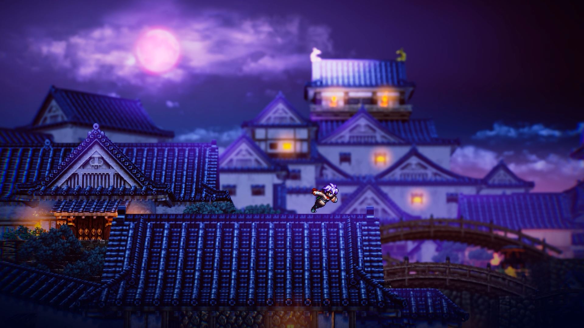 幕末編のおぼろ丸が城の屋根を移動するHD-2D版の公式画面