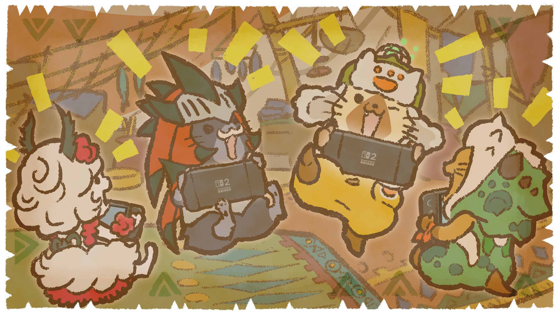 複数のキャラクターがNintendo Switch 2本体を持ち寄って遊ぶ公式イラスト