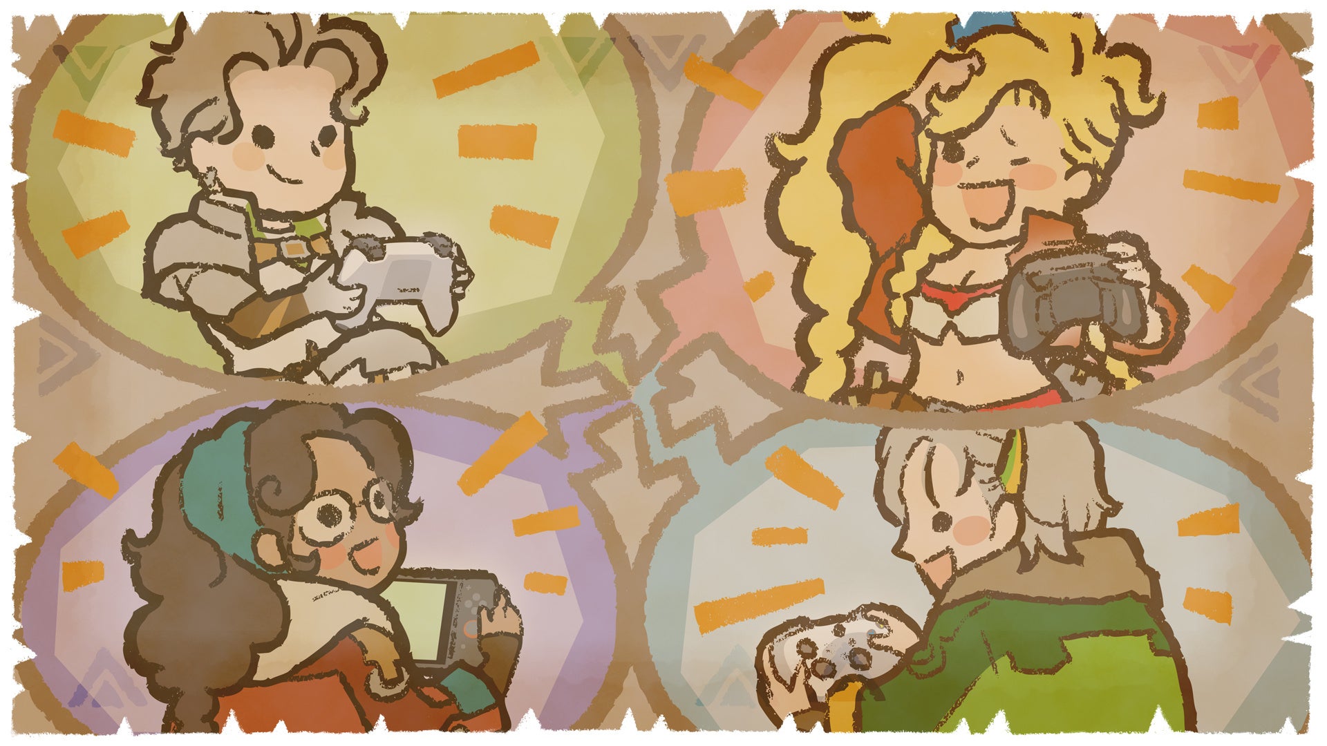 別々の場所でゲーム機やコントローラーを使う4人を描いた公式イラスト